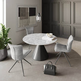 Alessio Light Grey Ceramic Ext Round Dining Table with 4 Amber Chairs - Pendle Village Furniture