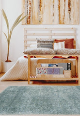 Lagom duck egg rug with plush shaggy texture and modern style.