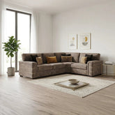 Luxury Glamour Inspire velvet corner sofa with plush cushions, soft dappled fabric, and an elegant contemporary look.