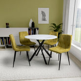 White Marble effect Round Dining Table and 4 Yellow Brushed Velvet Dining Chairs - Pendle Village Furniture