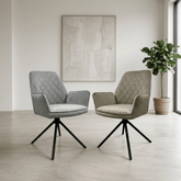 Shop Lina Fabric Swivel Dining Chairs in Mink or Grey. Featuring 180° auto-return swivel, diamond stitching and padded armrests. Sets of 4, 6 or 8.