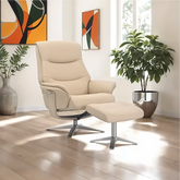 Lindos Platinum Grey Leather Swivel Chair with Footstool- Cream Leather Swivel Recliner