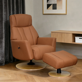 Shop the Lorenzo full leather swivel recliner chair with footstool. Supple semi-aniline leather, manual recline and light wood base. Three colours.