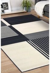 Contemporary rug with soft grey tones and linear pattern.