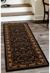 Black runner rug with traditional Beluchi pattern design.