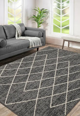 Grey rug with Berber inspired geometric pattern design.