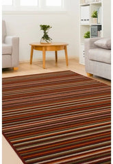 Red rug with subtle fine stripe pattern design.