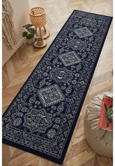 Navy runner with classic medallion pattern design.