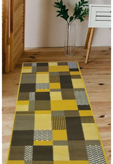 Ochre runner rug with warm tones and modern design.