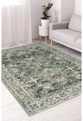 Sage green rug with traditional inspired pattern.
