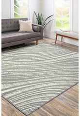 Grey rug with modern swirl pattern design.