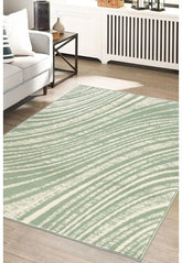 Sage green rug with modern swirl pattern design.