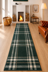 Green tartan runner rug with classic check pattern design.
