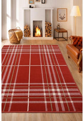 Red tartan rug with classic check pattern design.