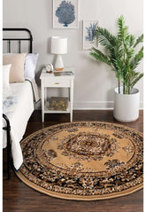 Round Berber rug with subtle geometric pattern design.