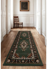 Green runner rug with timeless traditional design.