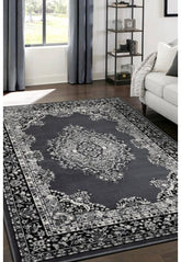 Grey rug with timeless traditional design.