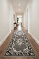 Grey runner rug with timeless traditional design.