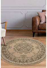 Round natural rug with timeless traditional design.