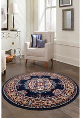 Round navy rug with timeless traditional design.