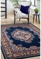 Navy rug with timeless traditional design.