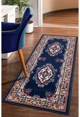 Navy runner rug with timeless traditional design.