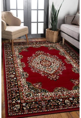 Bold red rug adding warmth and character to interiors.