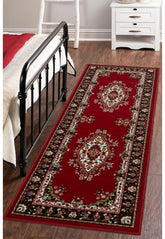 Red runner rug with timeless traditional design.