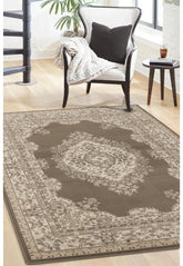 Taupe rug with timeless traditional design.