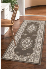 Taupe runner rug with timeless traditional design.