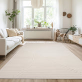 White rug with modern wave pattern and flowing design.