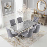 Marbella Grey Marble Dining Table with Light Grey Velvet Dining Chairs - Pendle Village Furniture