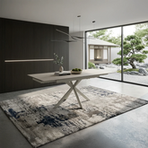 Shop the Marco extending dining table in sandy beige. Modern compact table extending from 120cm to 180cm with sculptural base.