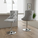 Luxury Mayfair shimmer fabric bar stools with lion knocker, chrome base, height adjustment and 360° swivel. Stylish set of 2 for modern kitchen islands.