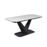 Merlin Matte White Ceramic Sintered Stone 180cm to 220cm Extending Dining Table with Stylish V Shape Grey Painted Metal Pedestal Base