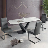 Dining set with Merlin white ceramic table and grey leather chairs