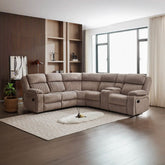 Lifestyle shot of Moragan Taupe Soft Fabric Corner Recliner Sofa with Drinks Console