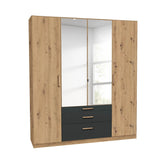 Mosbach 4 Door Graphite & Oak Wardrobe with Mirror and Drawers - 181cm - Pendle Village Furniture
