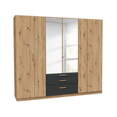 Mosbach 6 Door Graphite & Oak Wardrobe with Mirror and Drawers - 226cm - Pendle Village Furniture