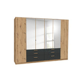 Mosbach 6 Door Graphite & Oak Wardrobe with Mirror and Drawers - 271cm - Pendle Village Furniture