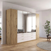 Mosbach 6 Door White & Oak Wardrobe with Mirror and Drawers - 271cm - Pendle Village Furniture