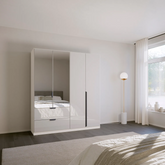 Mulheim 4 Door White Glass Wardrobe with Drawers and Mirror - Pendle Village Furniture