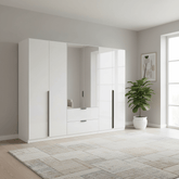 Mulheim 6 Door White Glass Wardrobe with Mirror and Drawers