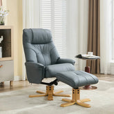 A Muscat Petrol Blue leather recliner chair with a matching ottoman, both with light wood star-shaped bases, shown in a bright, modern living room setting.