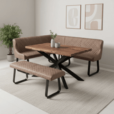 A modern 5-piece Earth dining set featuring a rectangular wooden table with a black metal X-frame base, a matching quilted brown faux-leather bench, and a matching bench seat, styled in a bright dining room setting.