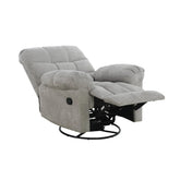 Northiam Recliner Chair in Grey features padded comfort, swivel base, lumbar support, and manual recline in soft chenille fabric. Also available in Latte.