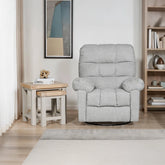 Life style image of Northiam Recliner Chair in Grey features padded comfort, swivel base, lumbar support, and manual recline in soft chenille fabric.