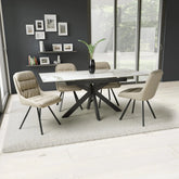 Oslo White Ceramic Extending Dining Table with Cream or Mink Swivel Chairs