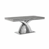 Ottavia 1.8m Light Grey Marble Dining Table with chrome X-leg base. Heat and scratch-resistant luxury design seating up to six. Perfect for modern homes.