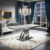 Ottavia 1.8m Light Grey Marble Dining Table with chrome X-leg base.